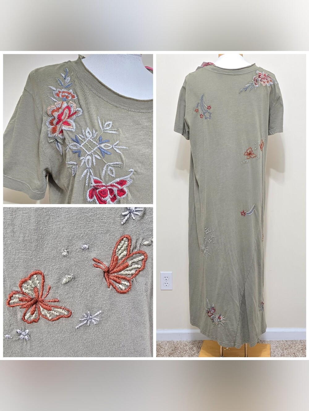 Caite Embroidered Maxi Tshirt Dress Sz S 100% Cotton Floral Boho Cottage Prairie